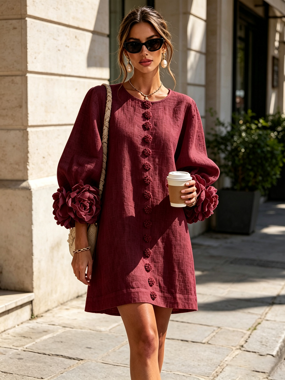 Juniper | Women's Round Neck Mini Dress with Voluminous Sleeves