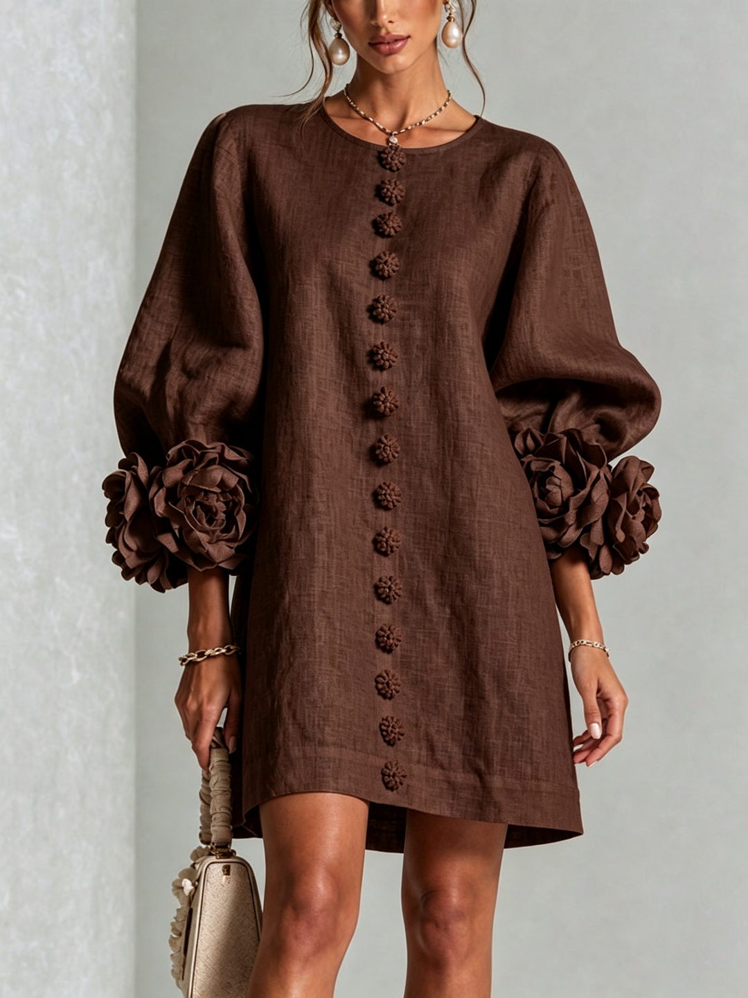 Juniper | Women's Round Neck Mini Dress with Voluminous Sleeves
