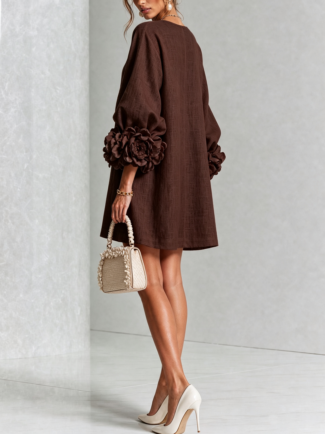 Juniper | Women's Round Neck Mini Dress with Voluminous Sleeves