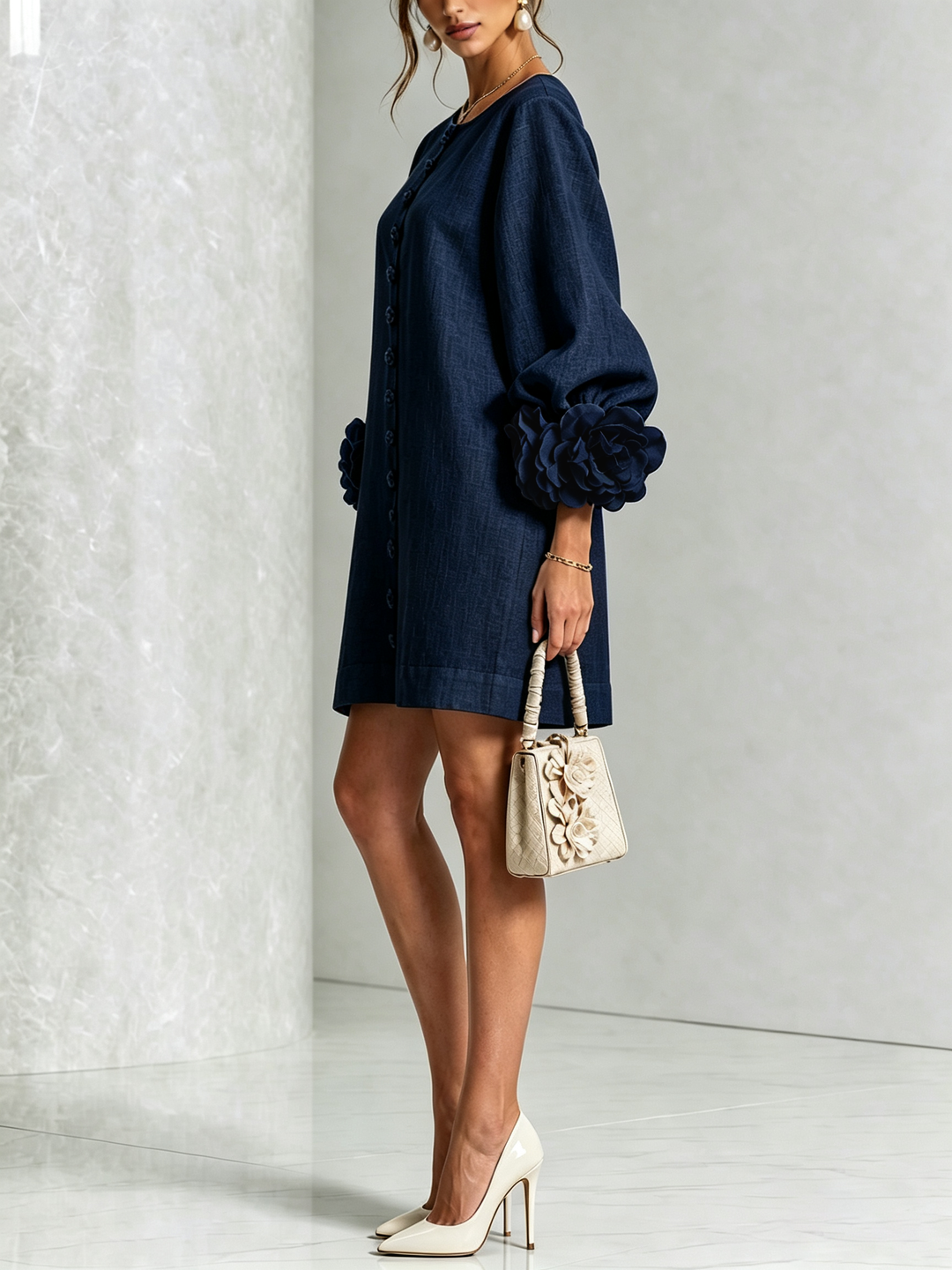 Juniper | Women's Round Neck Mini Dress with Voluminous Sleeves
