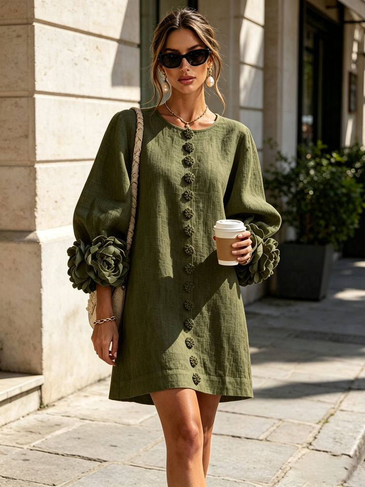 Marguerite | Women's Floral-Cuff Button Mini Dress