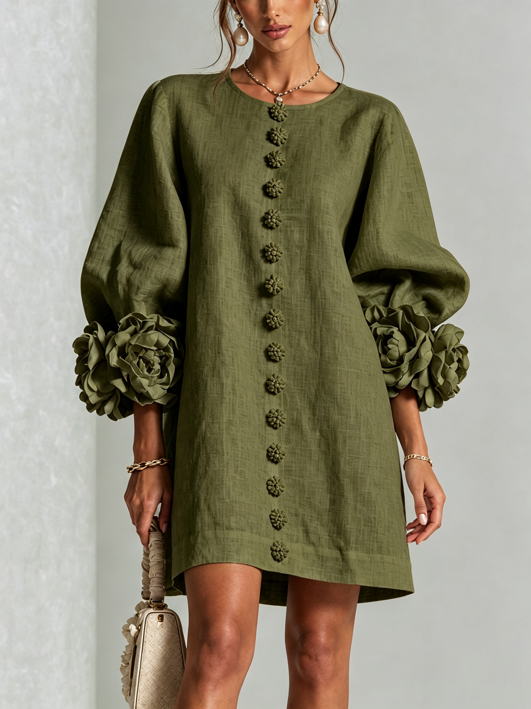 Juniper | Women's Round Neck Mini Dress with Voluminous Sleeves