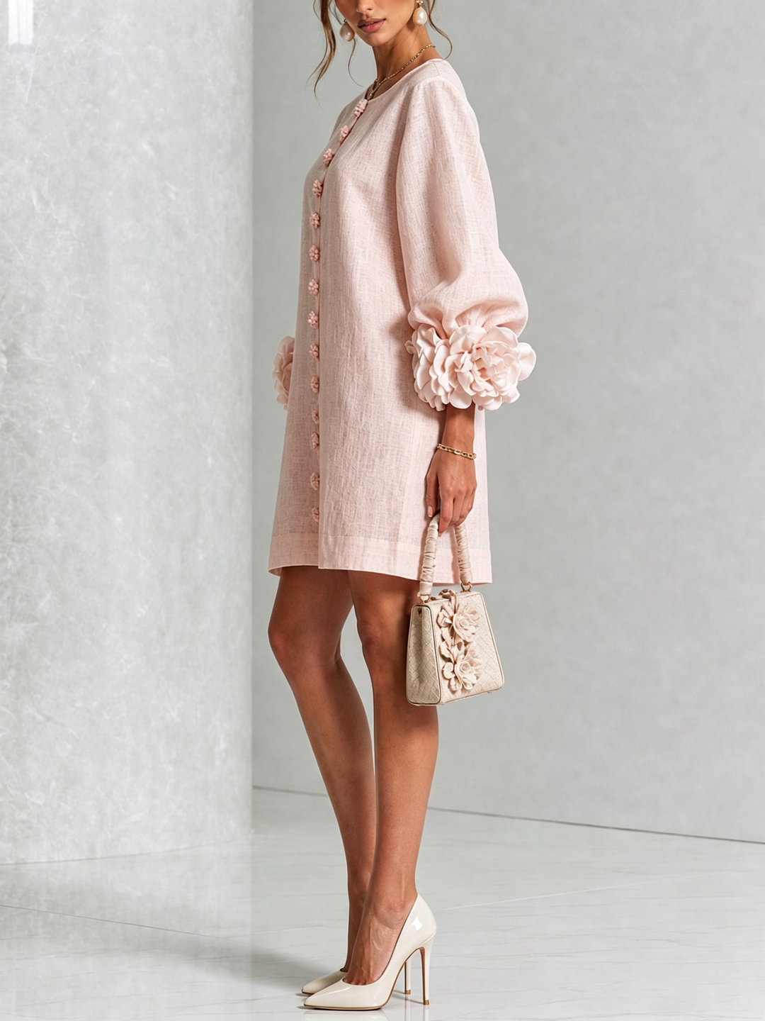Marguerite | Women's Floral-Cuff Button Mini Dress
