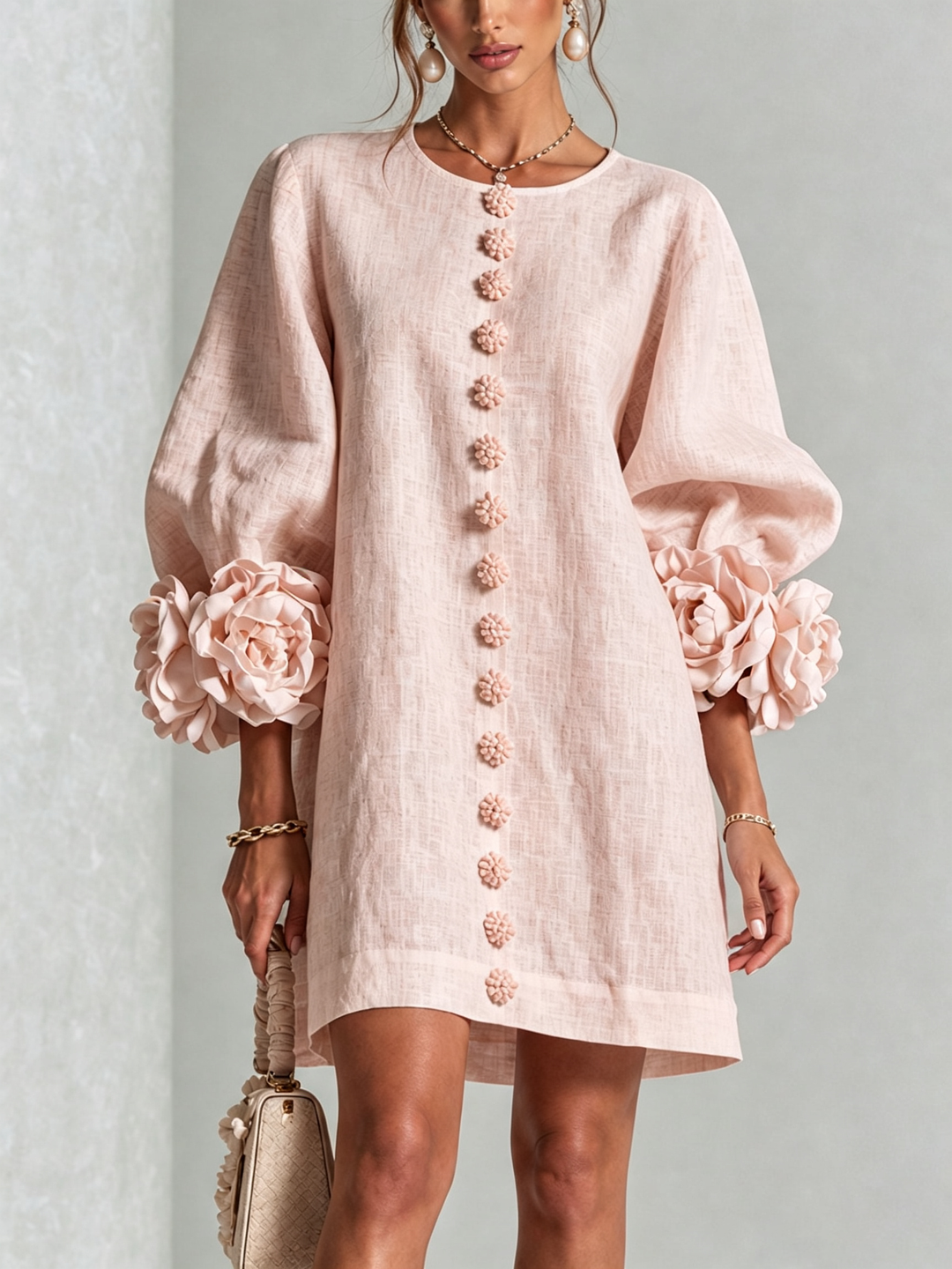 Juniper | Women's Round Neck Mini Dress with Voluminous Sleeves