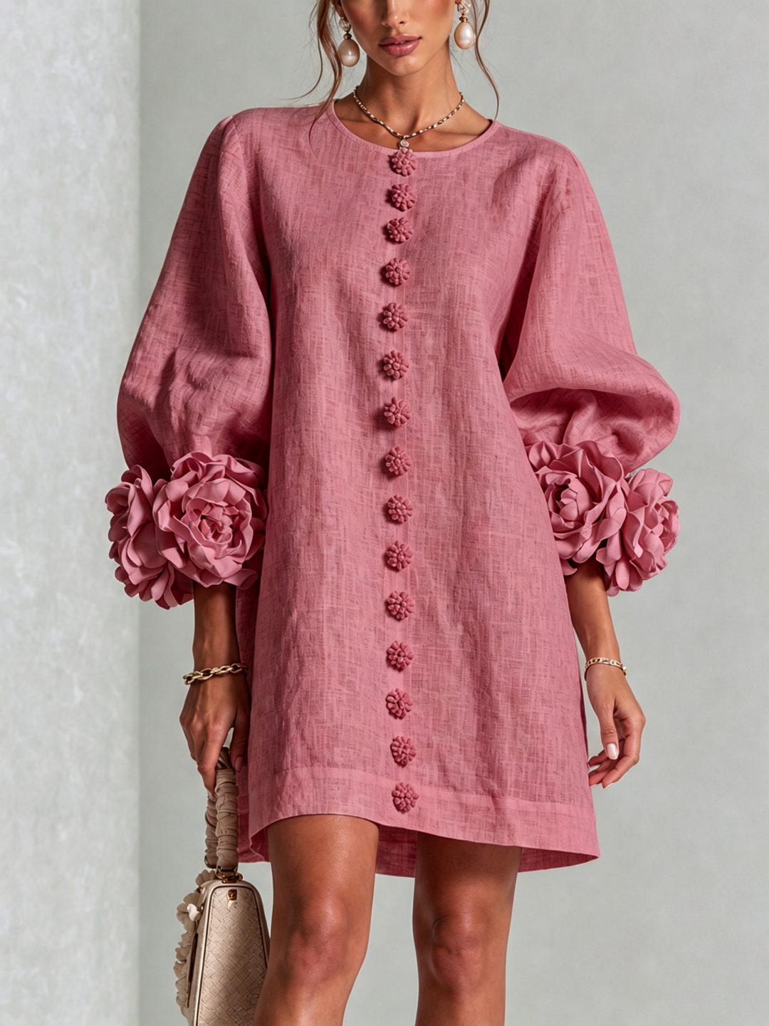 Marguerite | Women's Floral-Cuff Button Mini Dress