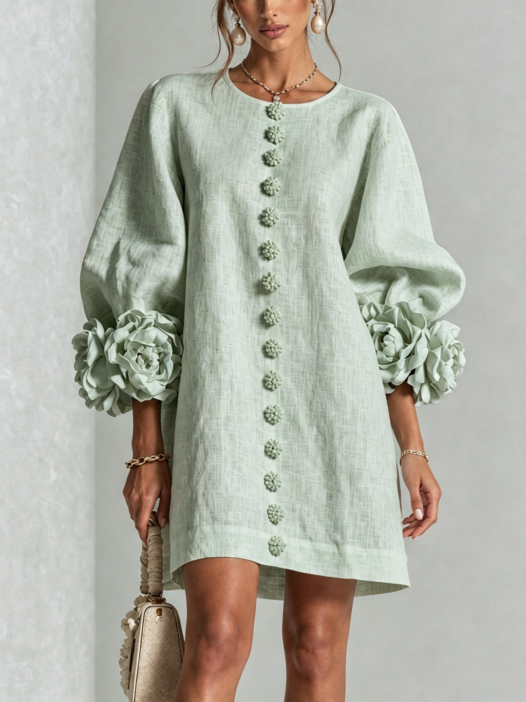 Marguerite | Women's Floral-Cuff Button Mini Dress
