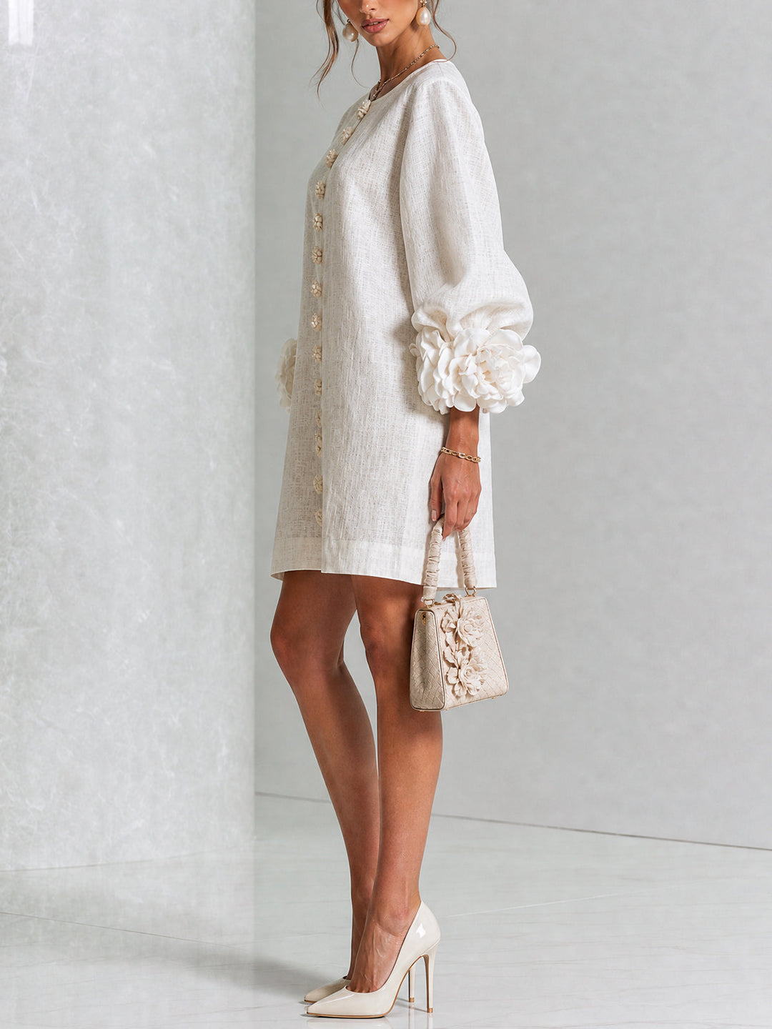 Juniper | Women's Round Neck Mini Dress with Voluminous Sleeves