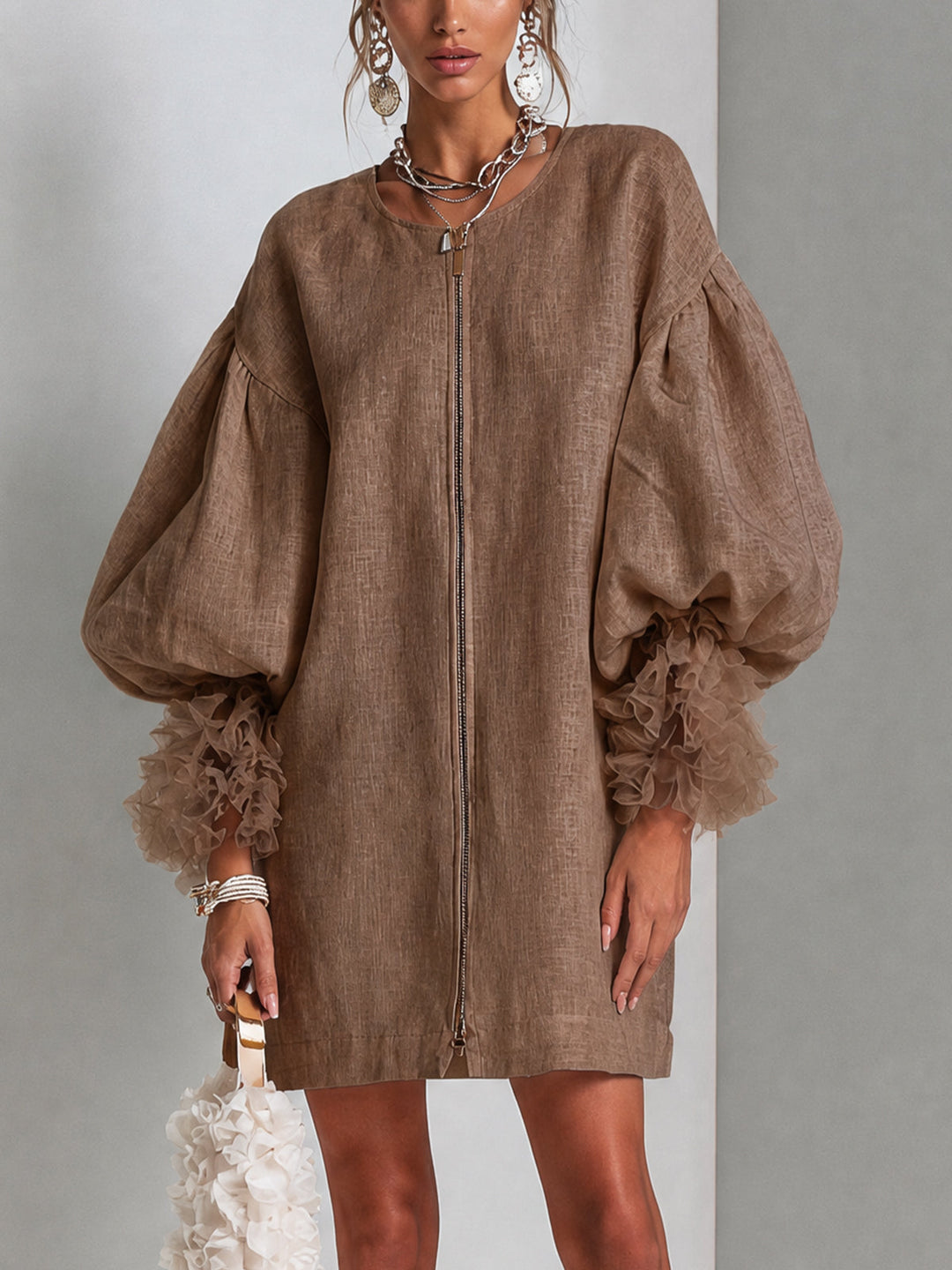 Dahlia | Women's Zip-Front Balloon Sleeve Mini Dress