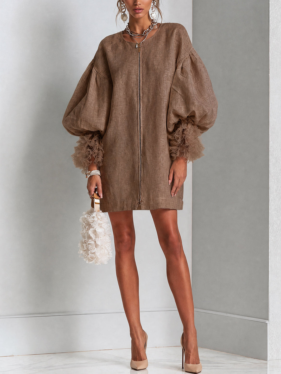 Dahlia | Women's Zip-Front Balloon Sleeve Mini Dress
