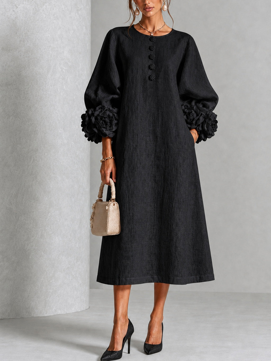Genevra | Women's Floral-Cuff A-Line Midi Dress
