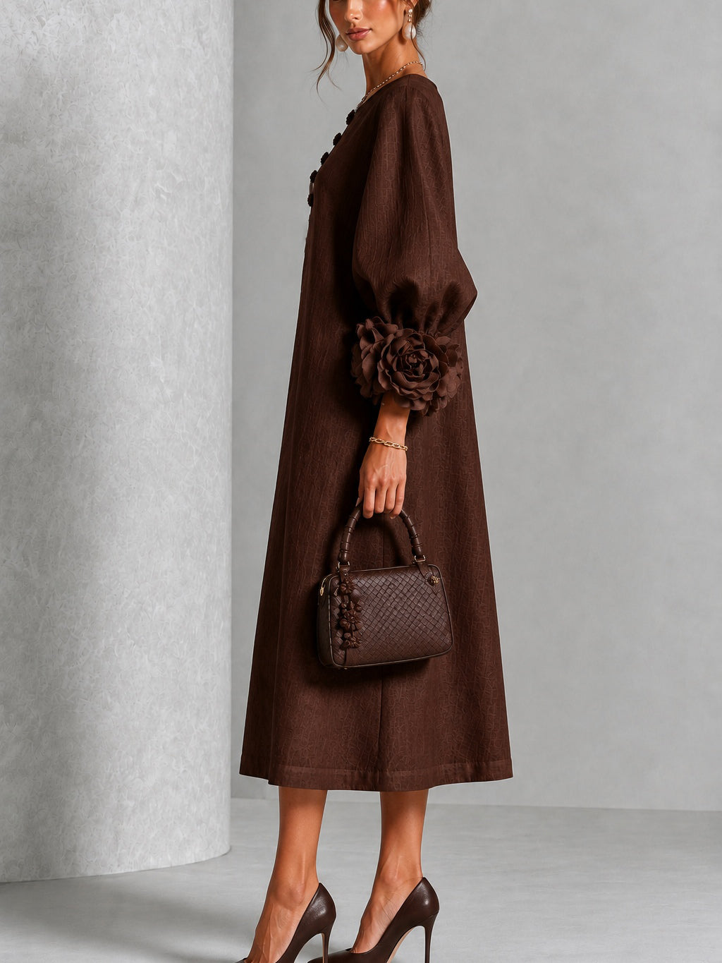 Theodora | Women's A-Line Midi Dress with Rosette Cuffs