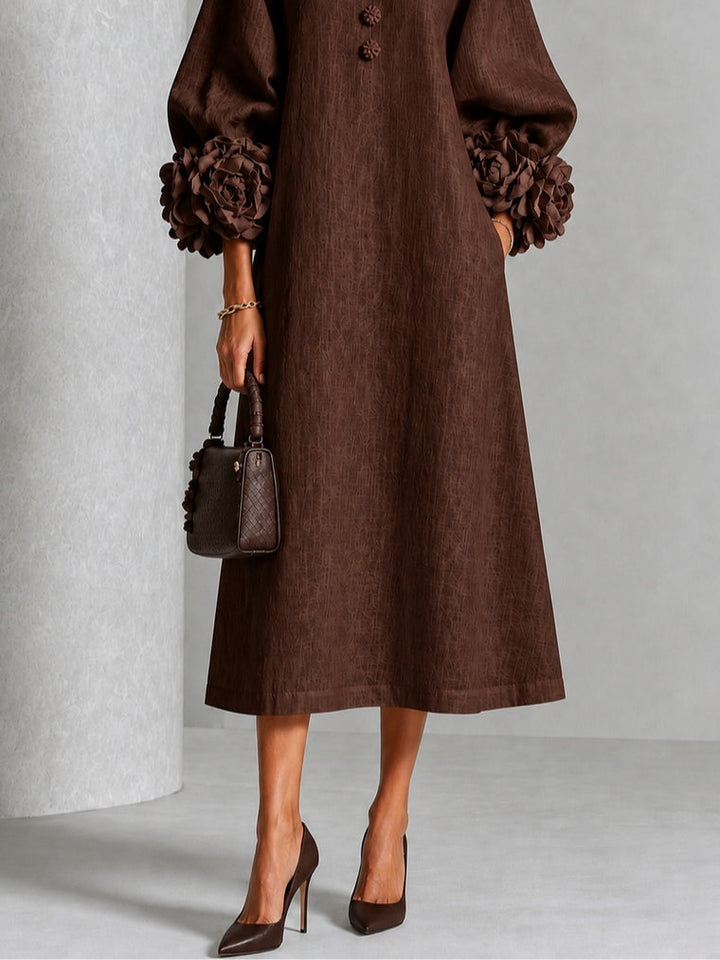 Theodora | Women's A-Line Midi Dress with Rosette Cuffs