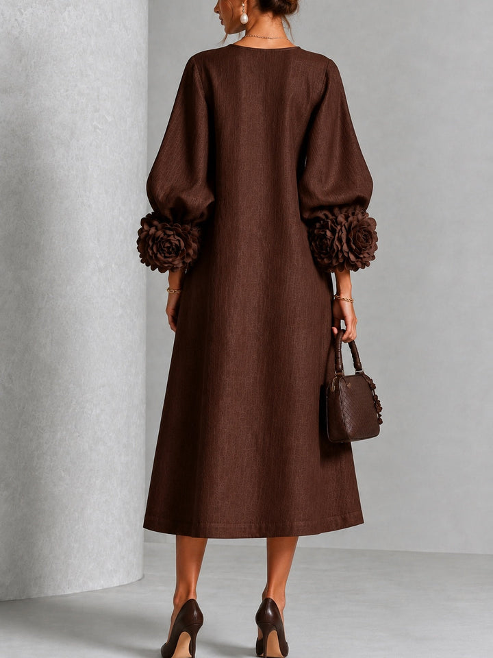 Theodora | Women's A-Line Midi Dress with Rosette Cuffs