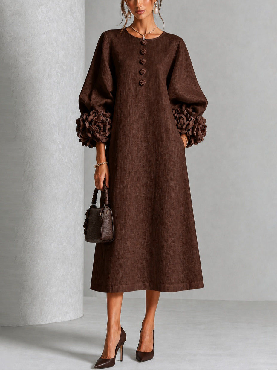 Theodora | Women's A-Line Midi Dress with Rosette Cuffs
