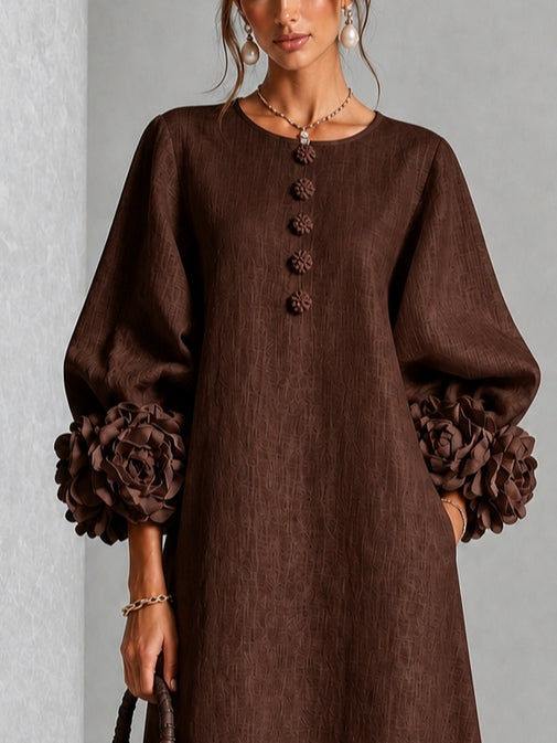 Theodora | Women's A-Line Midi Dress with Rosette Cuffs