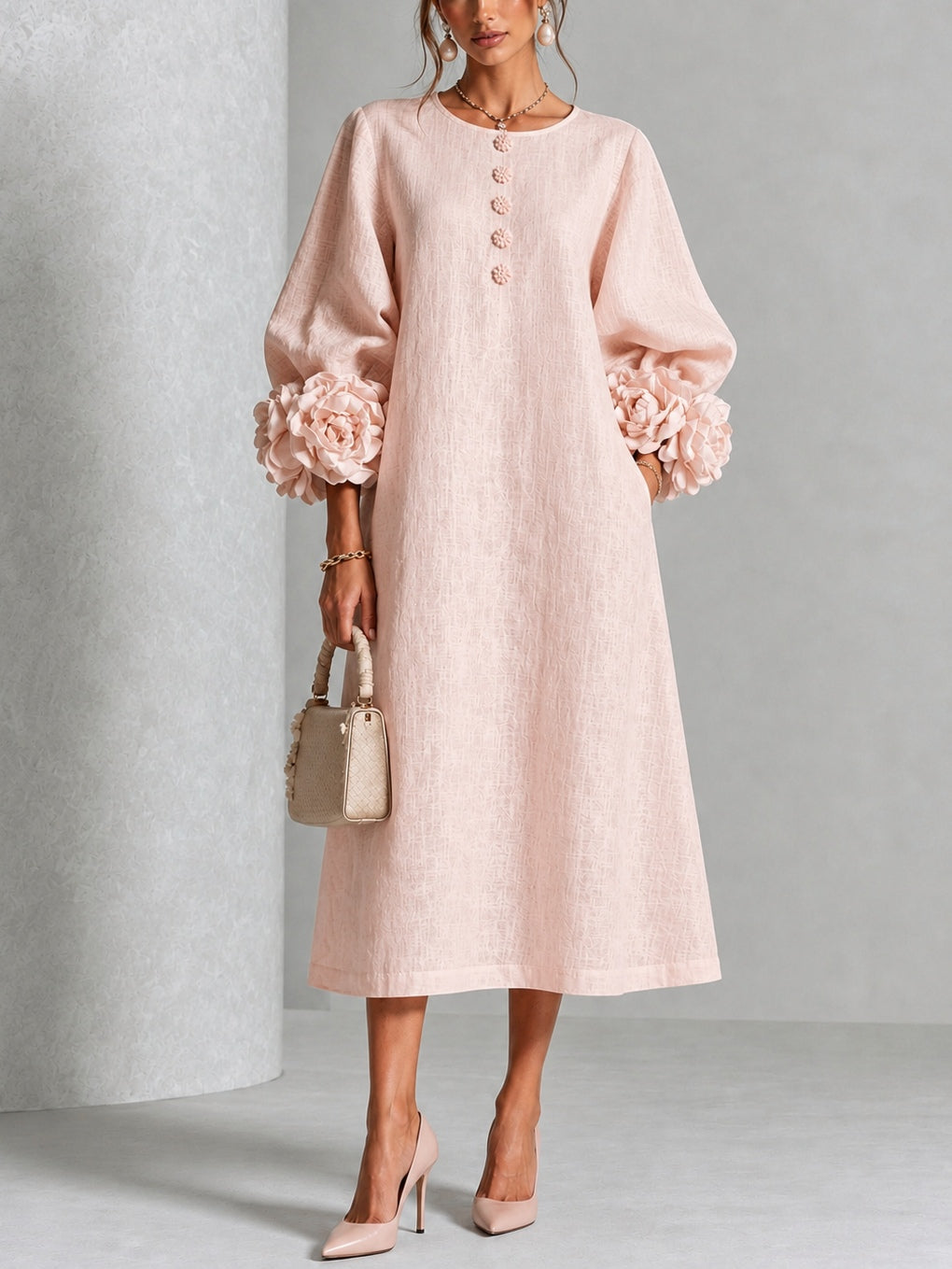 Rosetta | Women's Floral-Cuff Buttoned Midi Dress
