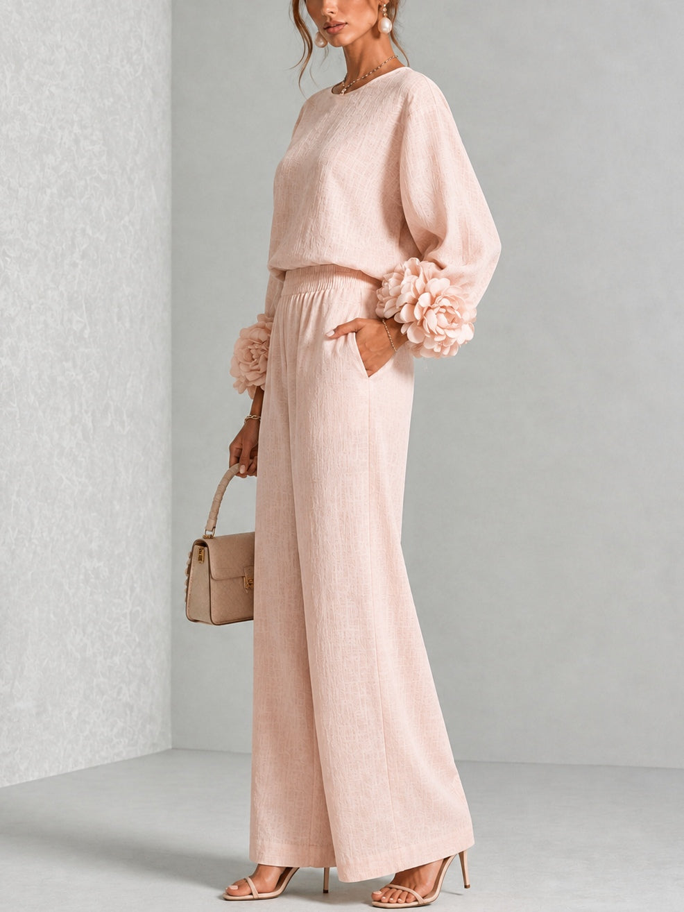 Fiorella | Women's Floral-Cuff Long-Sleeve Two-Piece Set