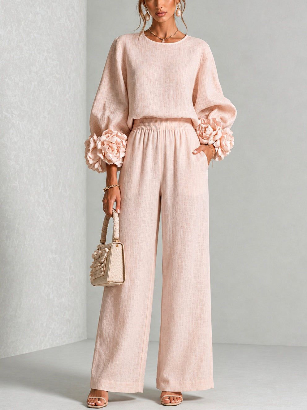 Fiorella | Women's Floral-Cuff Long-Sleeve Two-Piece Set