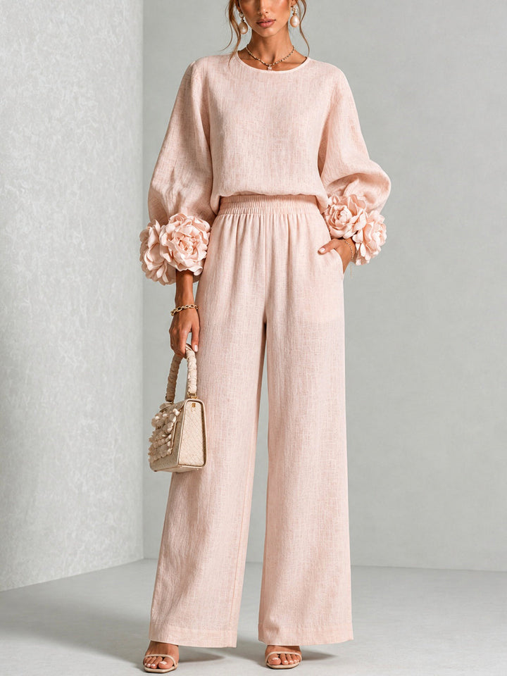 Fiorella | Women's Floral-Cuff Long-Sleeve Two-Piece Set