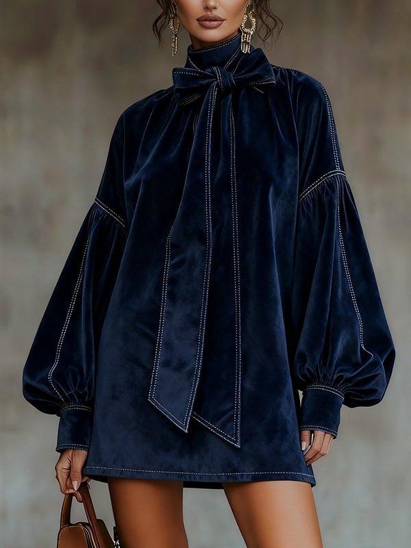 Celine | Women's High-Neck Velvet Mini Dress with Bow