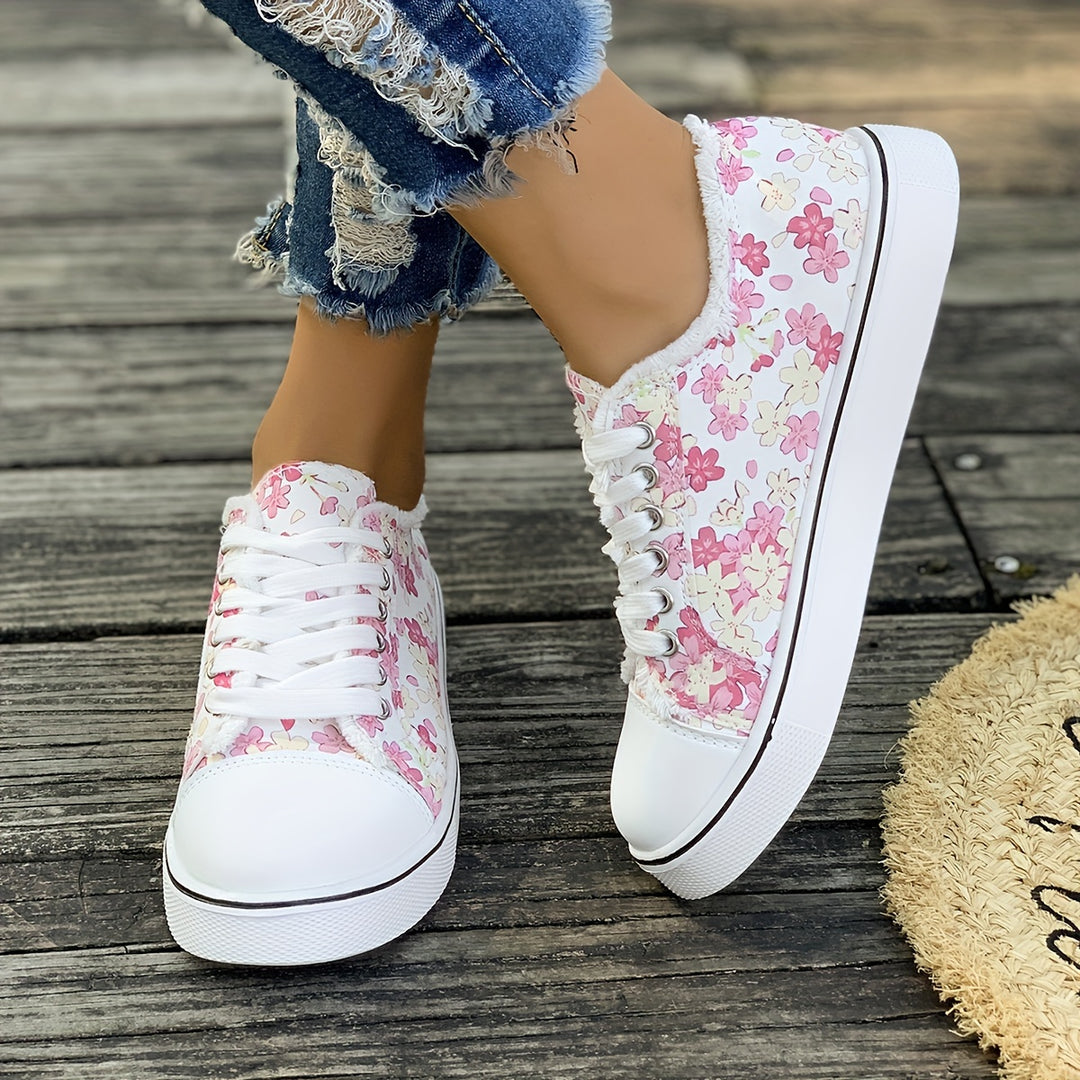 Women's Floral Printed Slip On Lace Up Canvas Sneakers