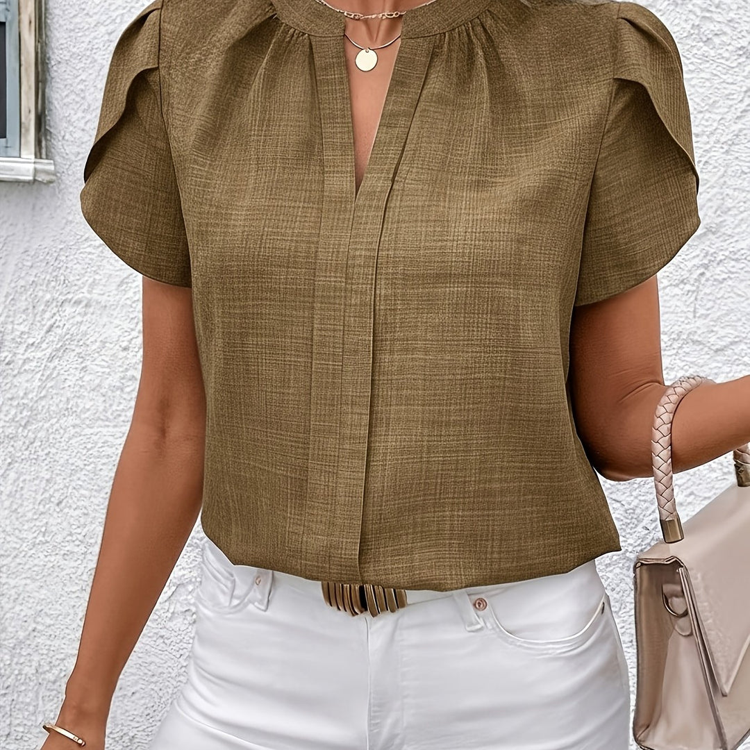Women's Petal Sleeve Notched V-Neck Blouse