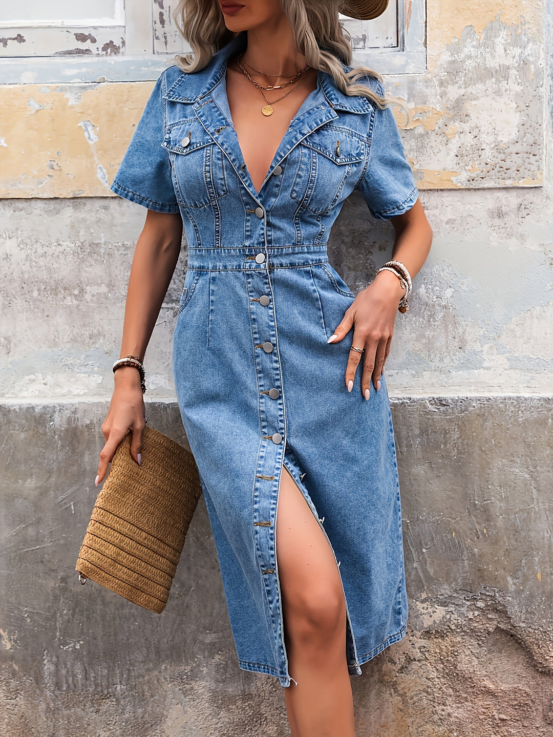 Women's Casual Short Sleeve Mid-Length Denim Dress