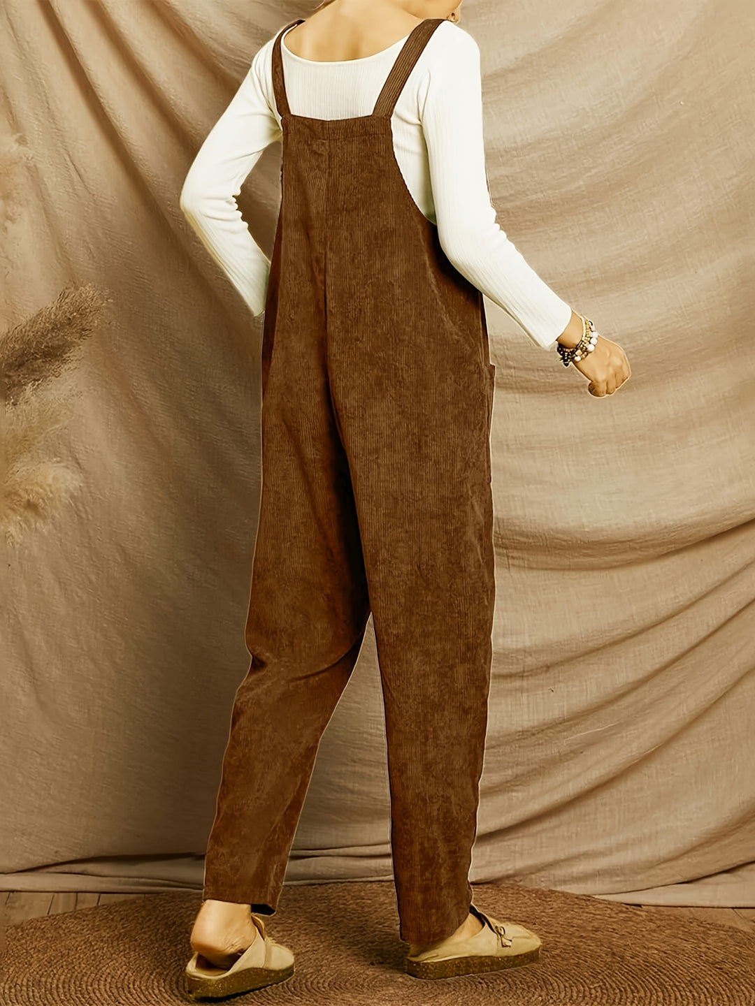 Women's Loose-Fit Corduroy Jumpsuit with Multiple Pockets