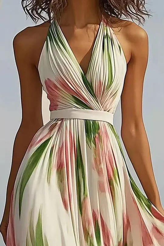 Everyday Beige Chiffon Floral Print Halter Wrap Maxi Dress