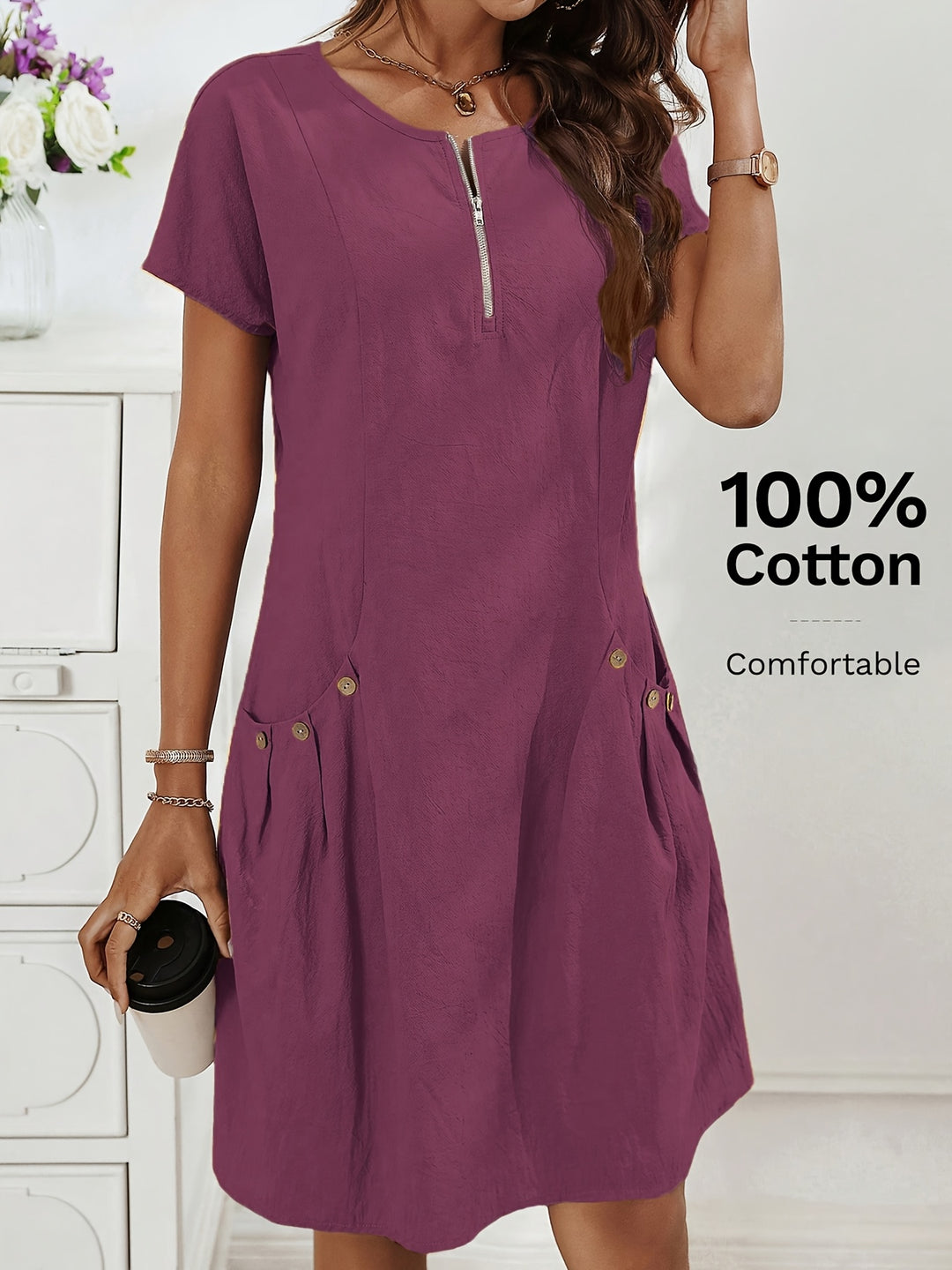 Women's Zipper Double-Pocket Summer Casual Dress