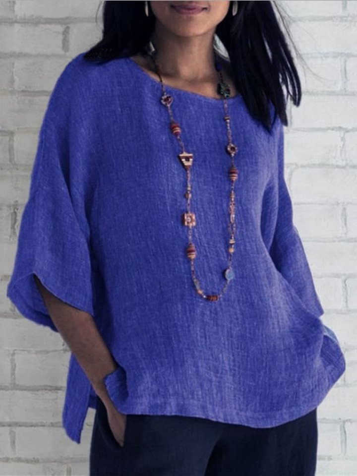 Crewneck Cotton and Linen Shirt Top