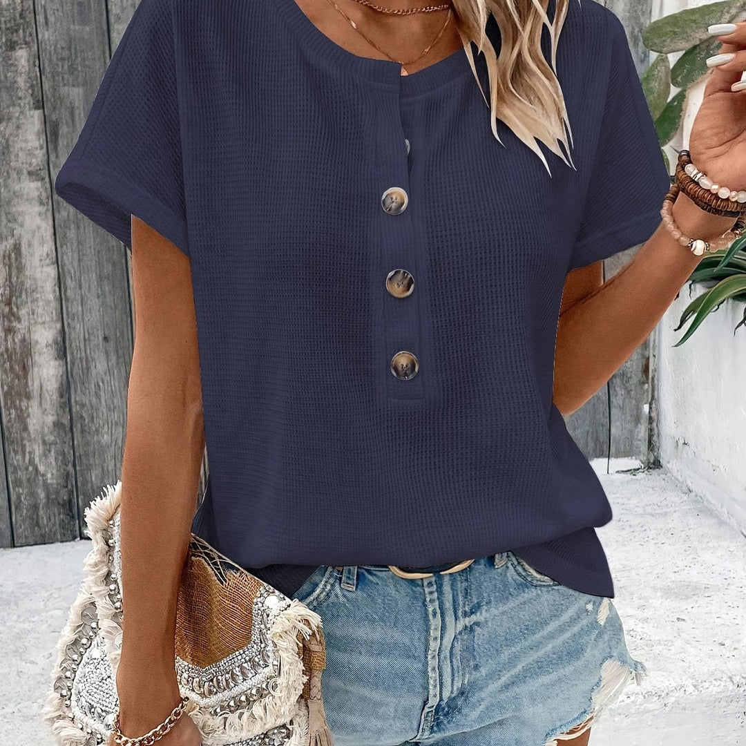 Women's Button Up V-Neck Batwing Short-Sleeved T-Shirt