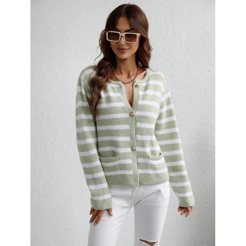 Women's striped button-up cardigan for a classic casual look