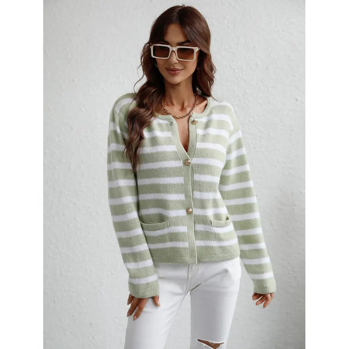 Women's striped button-up cardigan for a classic casual look