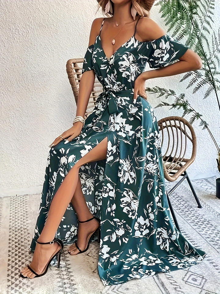 Women's High Slit Floral Print Sleeveless Dress