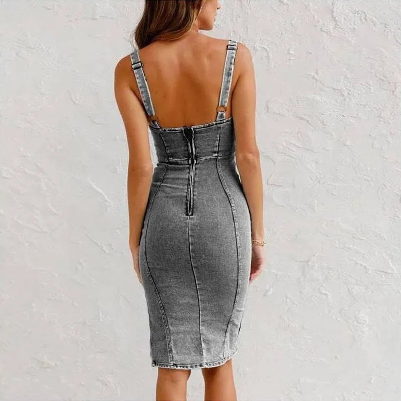 Fitted Denim Dress with Adjustable Strap and U-Shaped Neckline
