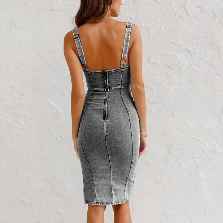 Fitted Denim Dress with Adjustable Strap and U-Shaped Neckline