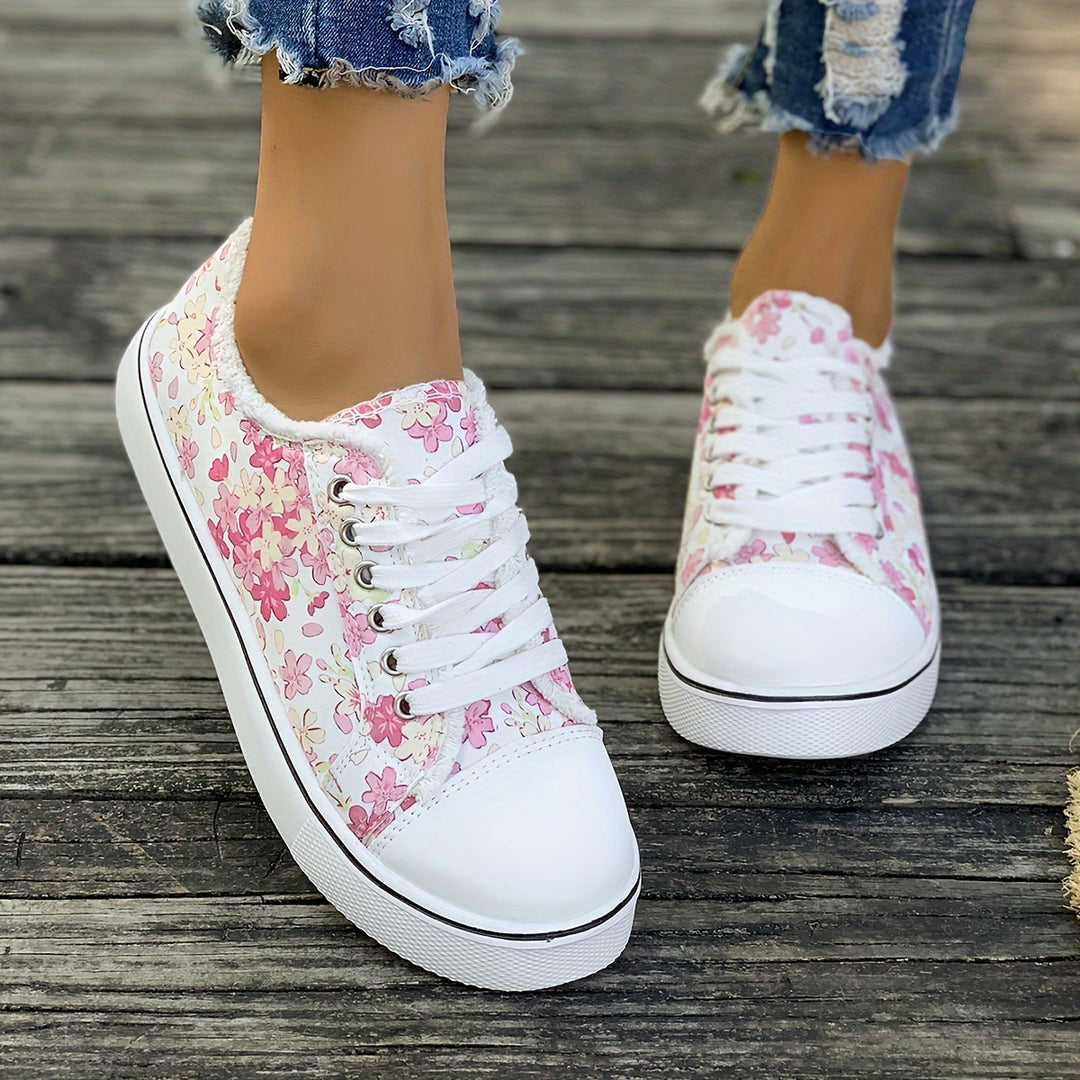 Women's Floral Printed Slip On Lace Up Canvas Sneakers