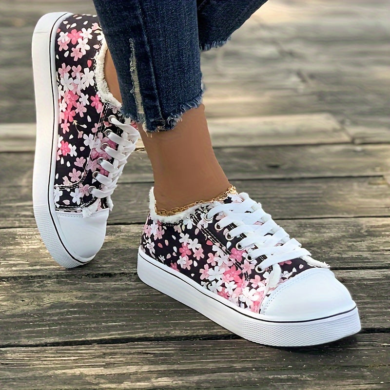 Women's Floral Printed Slip On Lace Up Canvas Sneakers