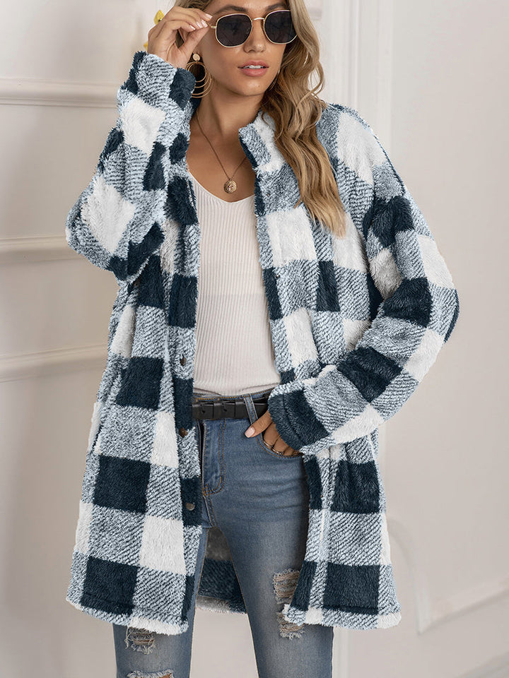 Women's plush plaid cardigan