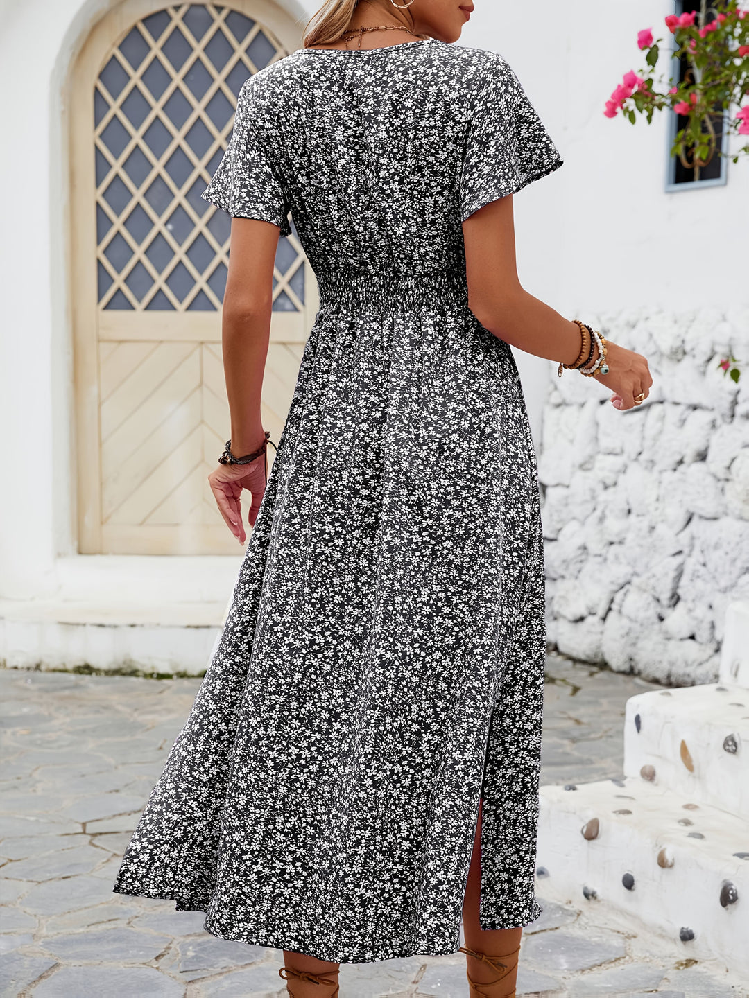 Women's Floral Printed Butterfly Sleeve Thigh-High Slit Dress