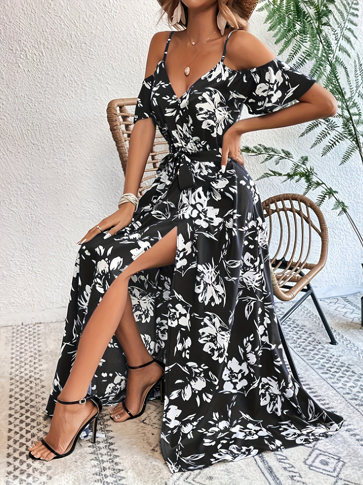 Women's High Slit Floral Print Sleeveless Dress