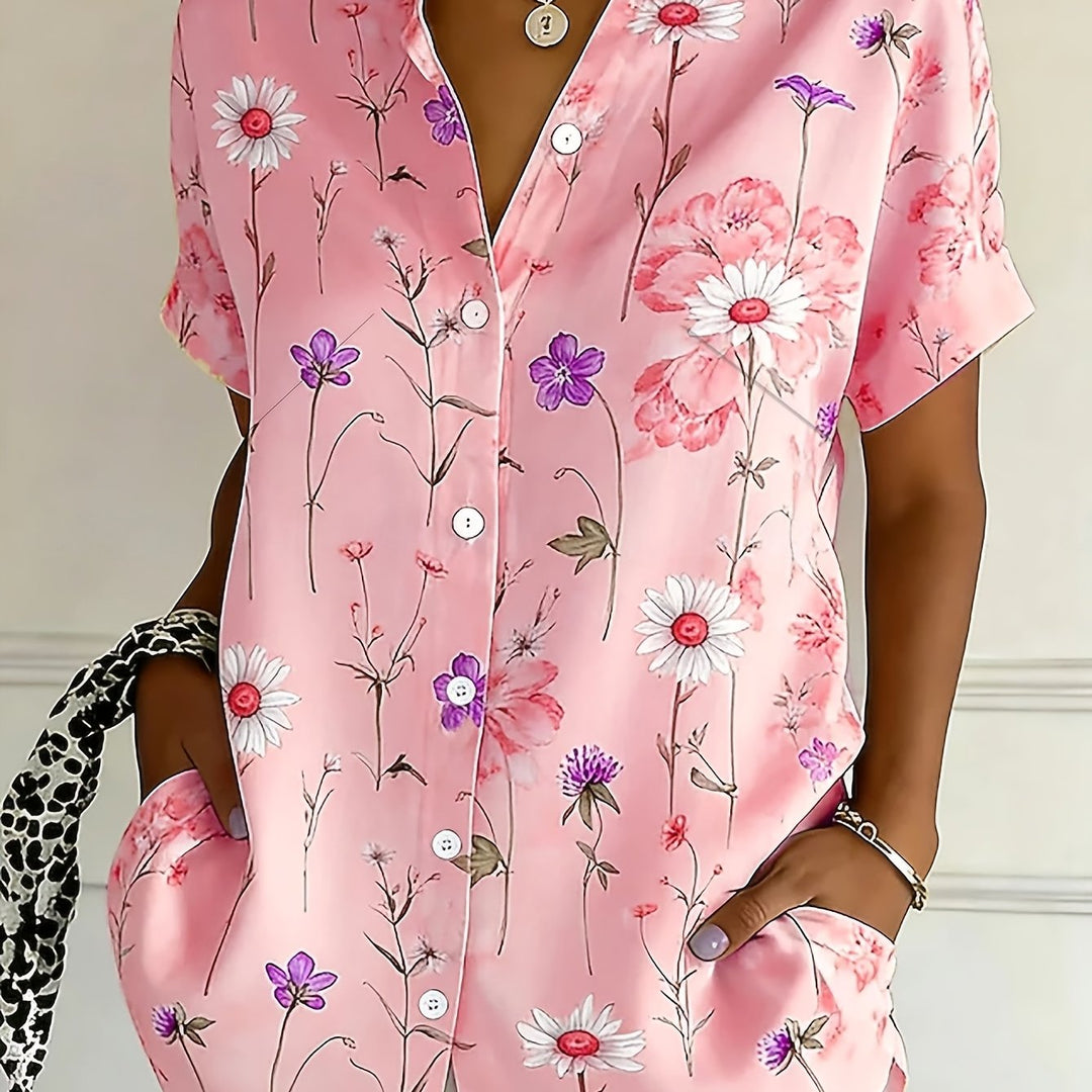 Women's Button-Up Short Sleeve Printed Shirt