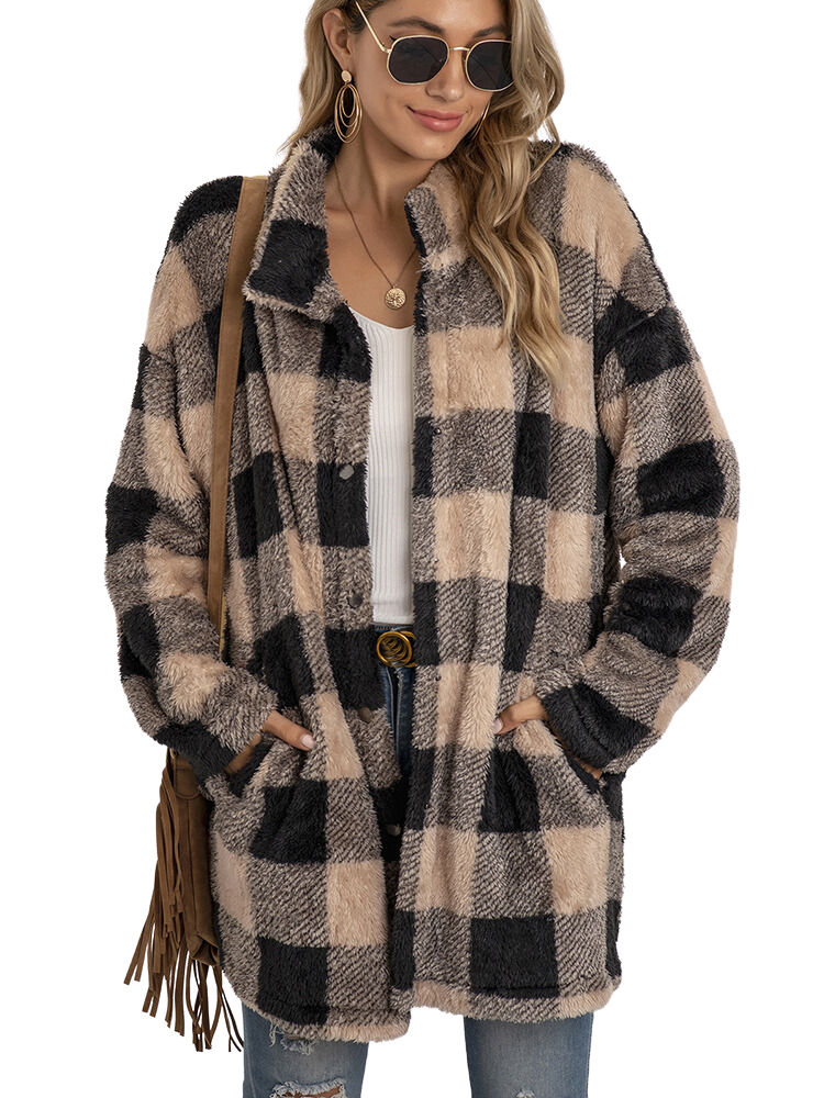 Women's plush plaid cardigan