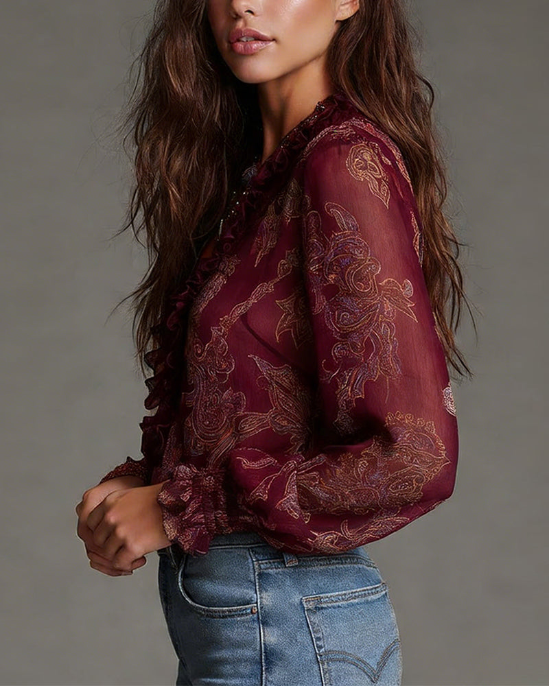 Retro Ruffle Demi-Zip Blouse