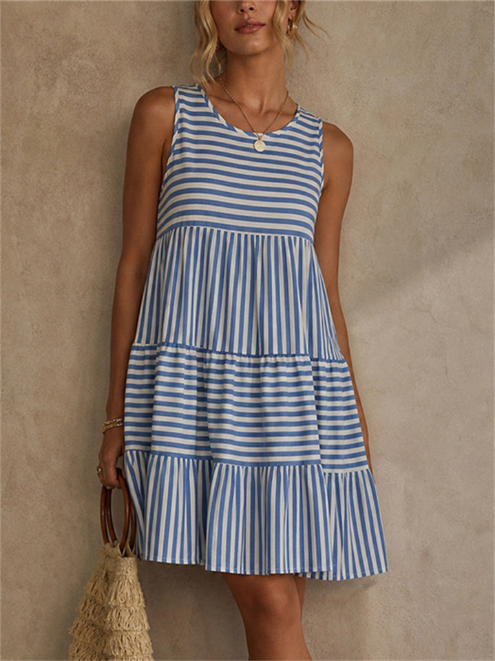 Women's Summer Boho Striped Sleeveless Tiered Mini Beach Sundress
