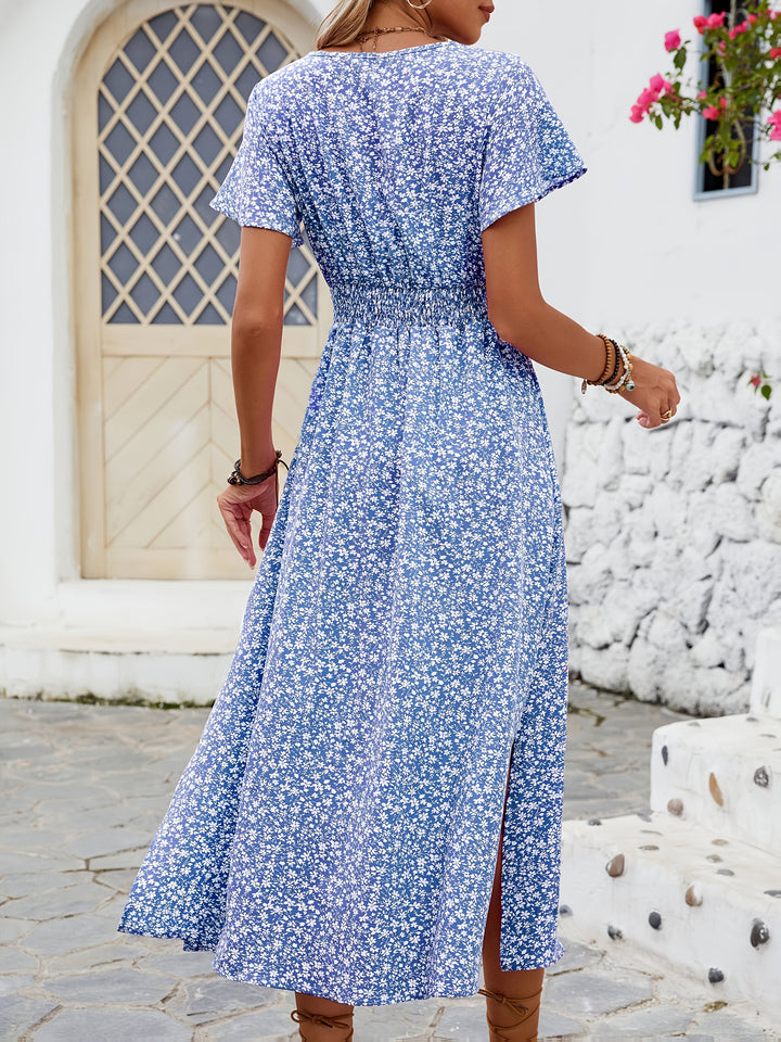 Women's Floral Printed Butterfly Sleeve Thigh-High Slit Dress