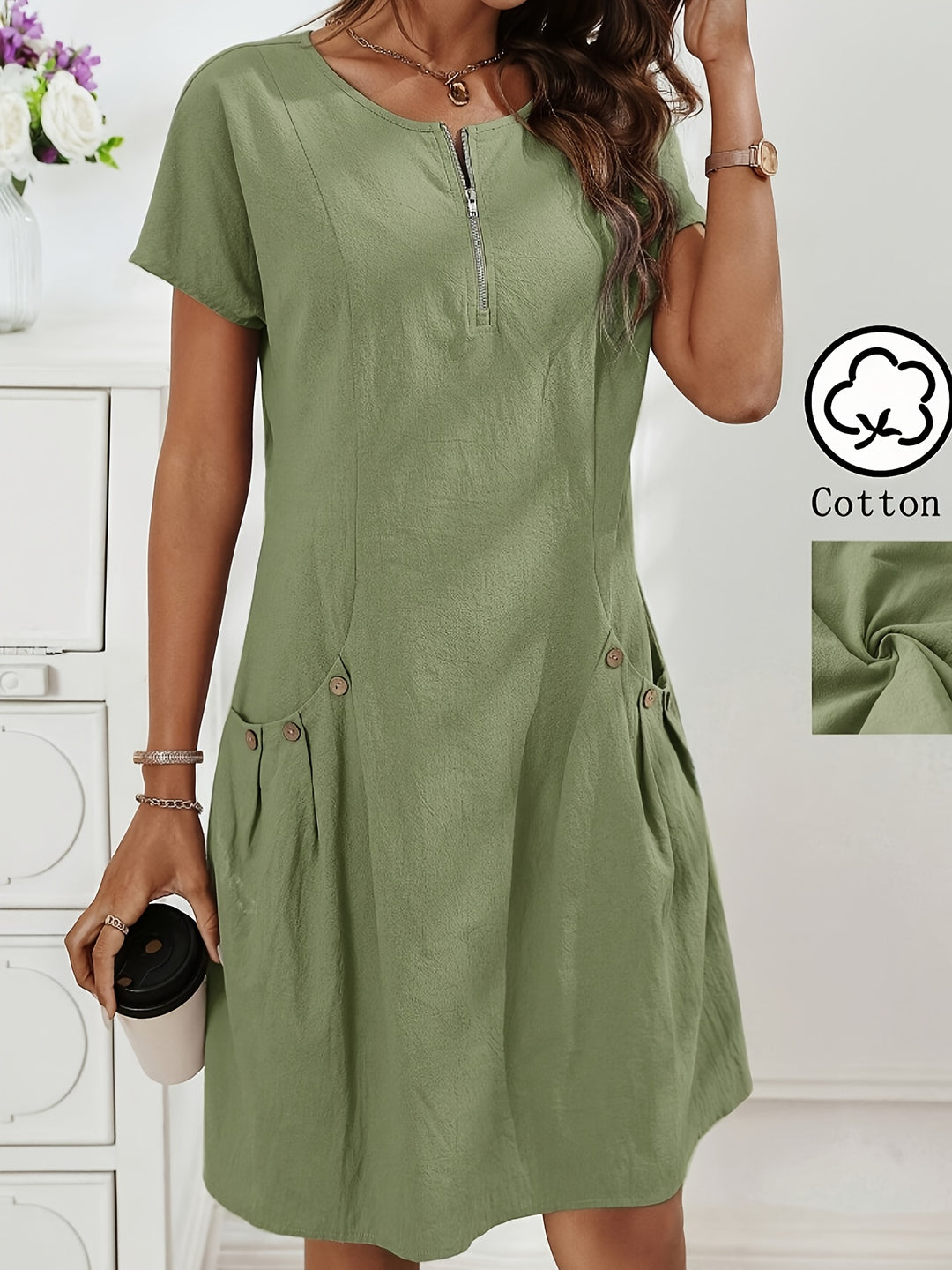 Women's Zipper Double-Pocket Summer Casual Dress