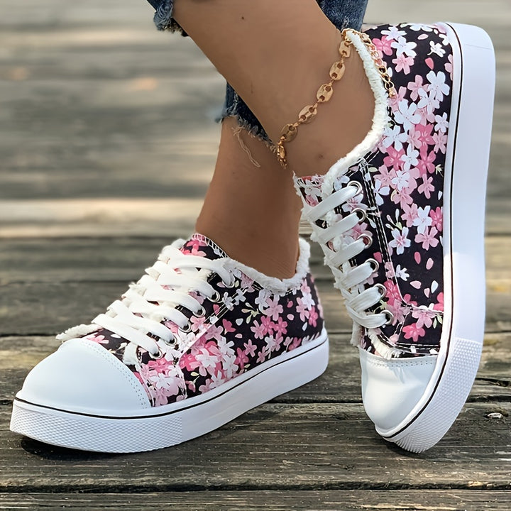 Women's Floral Printed Slip On Lace Up Canvas Sneakers