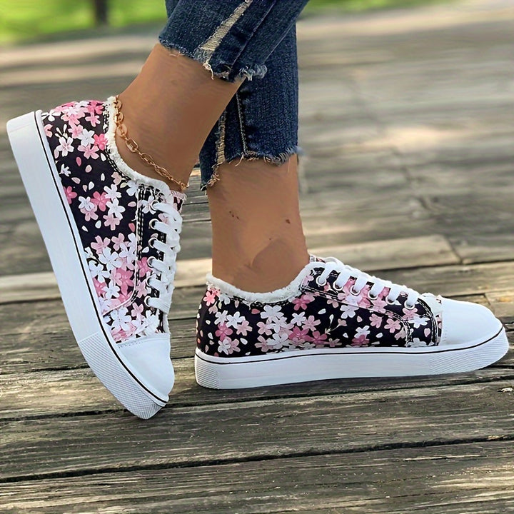 Women's Floral Printed Slip On Lace Up Canvas Sneakers